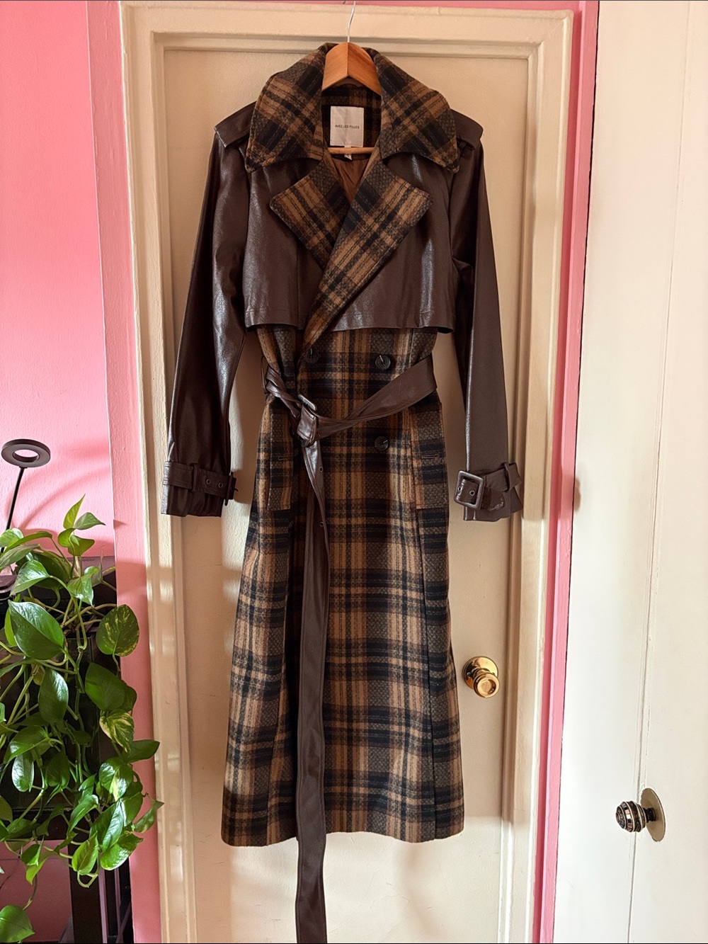 Avec Les Filles Brown Plaid Trench Coat with Faux Leather Panels and Belt